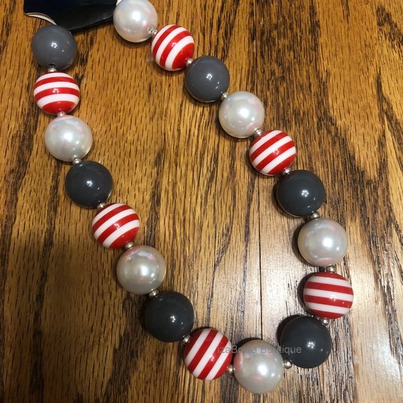 Red Stripe, Grey and White Chunky Bead Necklace HAND CRAFTED
